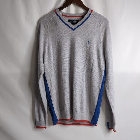 Original Penguin Men's 100% Merino Wool V-Neck Sweater Grey/Red/Blue, Large - Picture 1 of 10